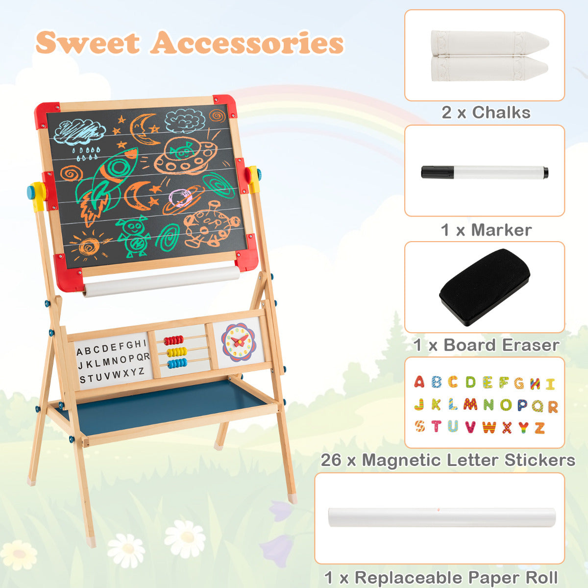 LIVSK Houten Kunstezel 3-in-1 - Dubbelzijdig Tekenbord met Papierrol - Educatief en Creatief - Voor Kinderen vanaf 3 jaar - Natuur