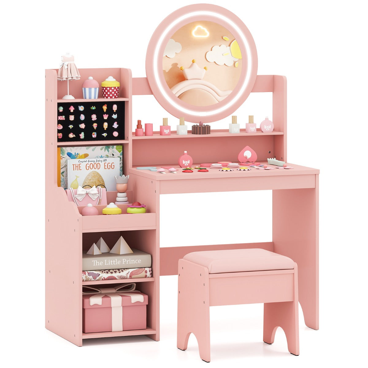 Livsk costway kinderschminktafel met spiegel verlichting prinsessenspeeltafel met plank ringgleuven gestoffeerde kruk kinderschminktafelset roze 1
