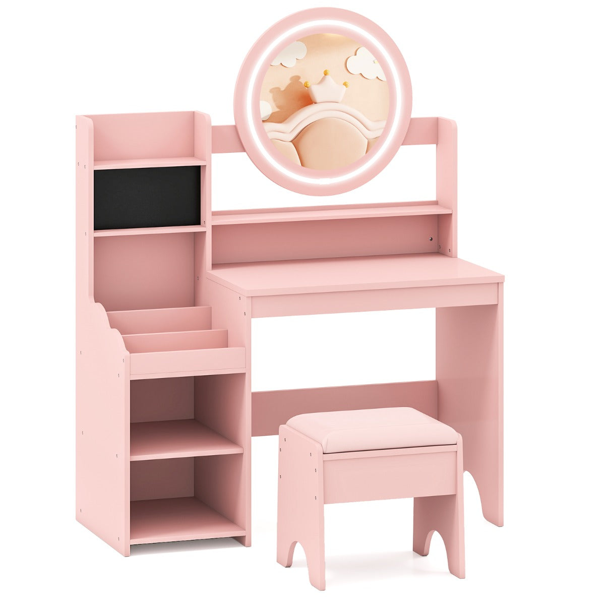 Livsk costway kinderschminktafel met spiegel verlichting prinsessenspeeltafel met plank ringgleuven gestoffeerde kruk kinderschminktafelset roze