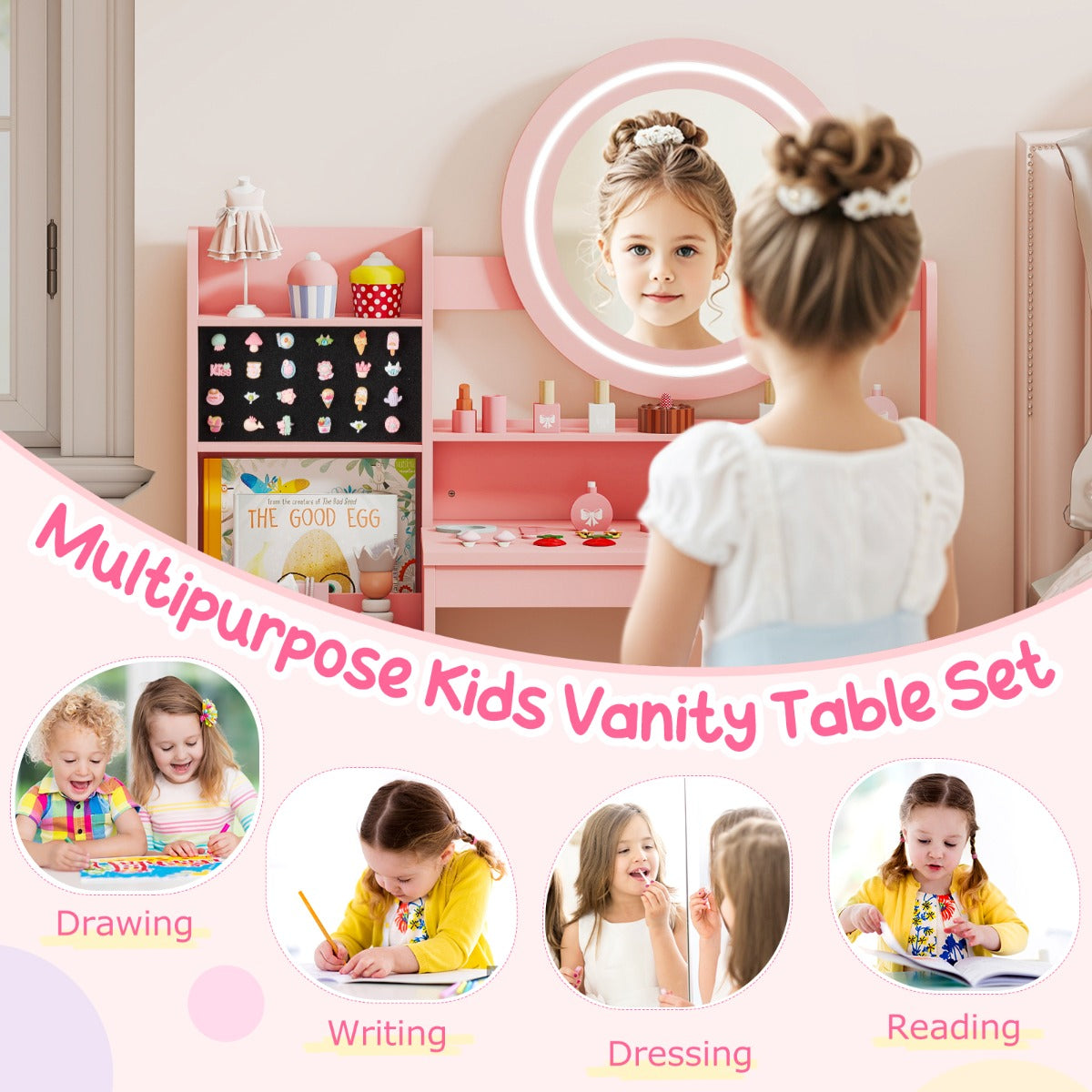 Livsk costway kinderschminktafel met spiegel verlichting prinsessenspeeltafel met plank ringgleuven gestoffeerde kruk kinderschminktafelset roze