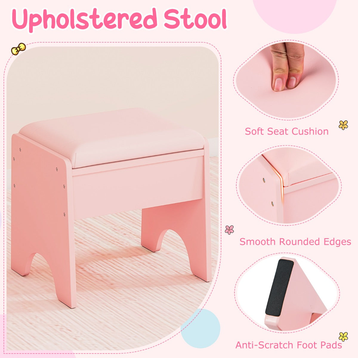 Livsk costway kinderschminktafel met spiegel verlichting prinsessenspeeltafel met plank ringgleuven gestoffeerde kruk kinderschminktafelset roze
