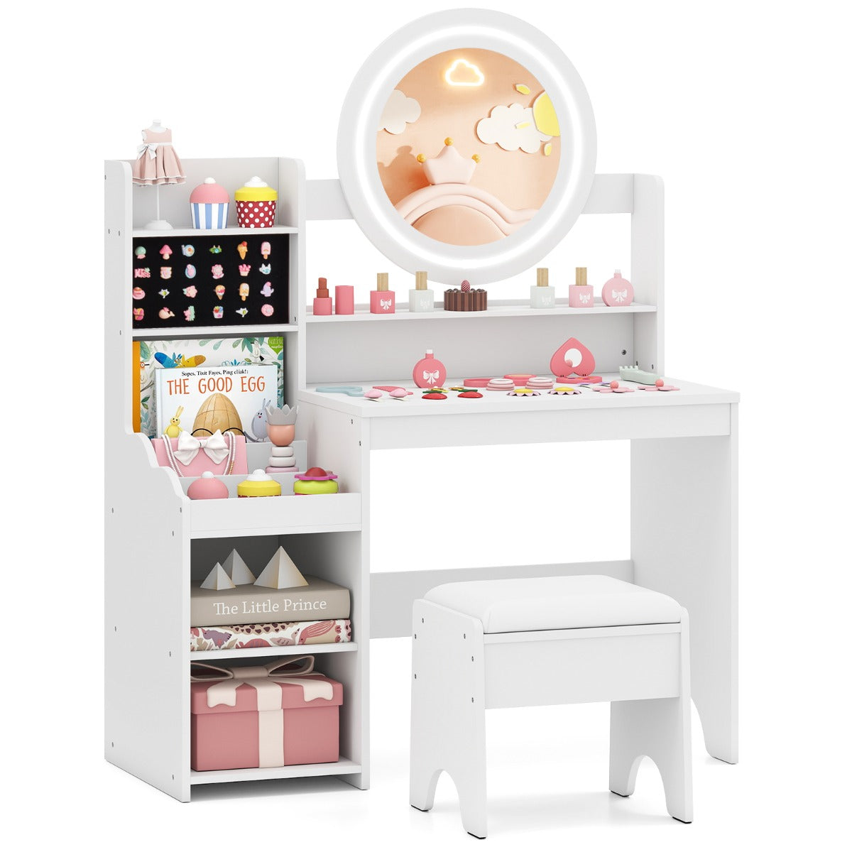 Livsk costway kinderschminktafel met spiegel verlichting prinsessenspeeltafel met plank ringgleuven gestoffeerde kruk kinderschminktafelset wit 1
