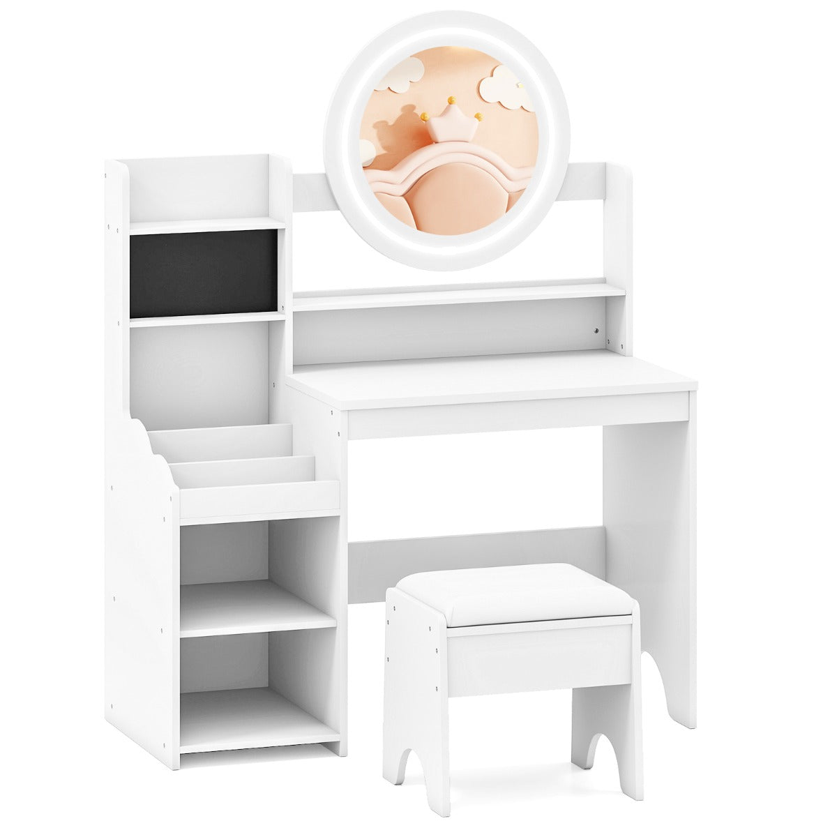 Livsk costway kinderschminktafel met spiegel verlichting prinsessenspeeltafel met plank ringgleuven gestoffeerde kruk kinderschminktafelset wit