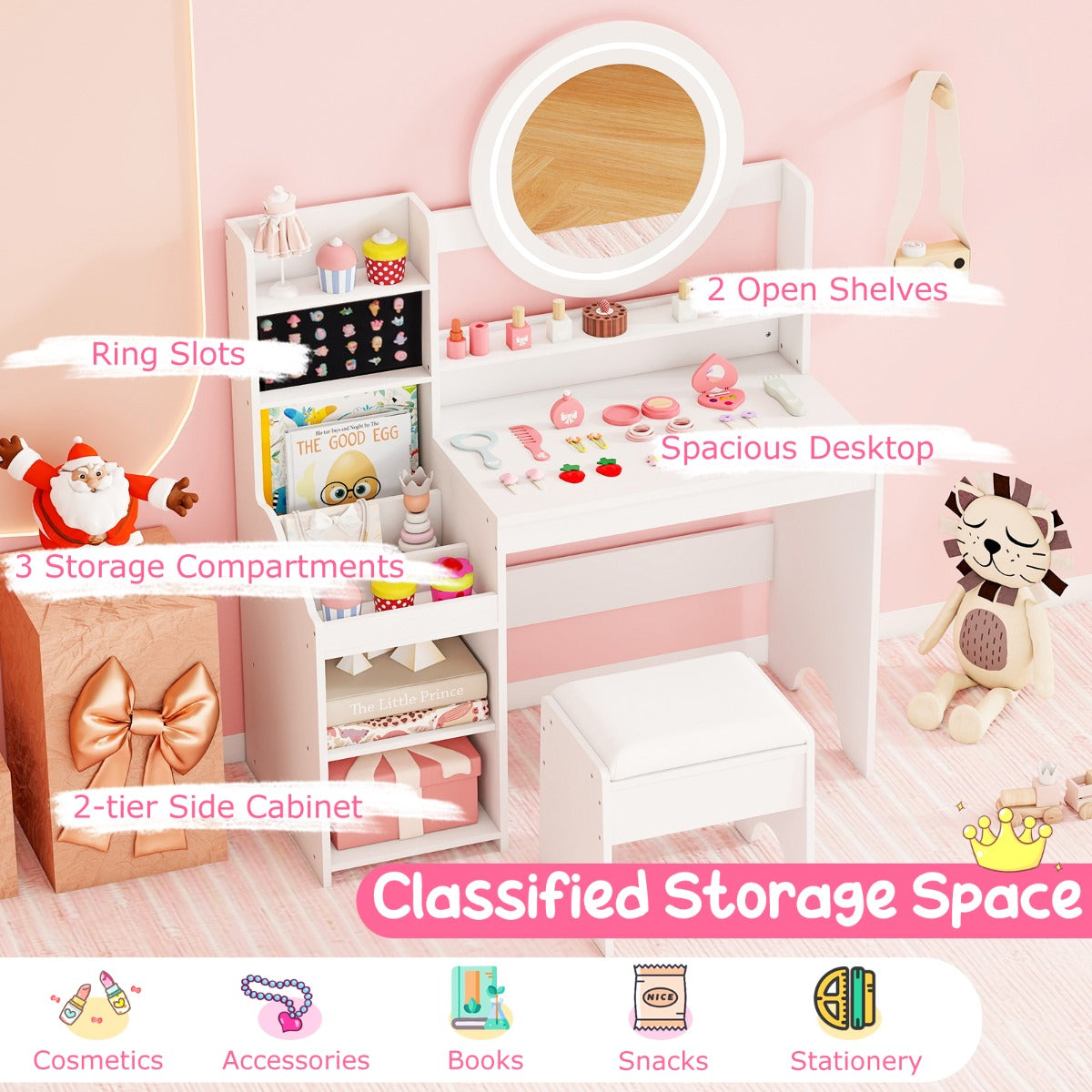 Livsk costway kinderschminktafel met spiegel verlichting prinsessenspeeltafel met plank ringgleuven gestoffeerde kruk kinderschminktafelset wit