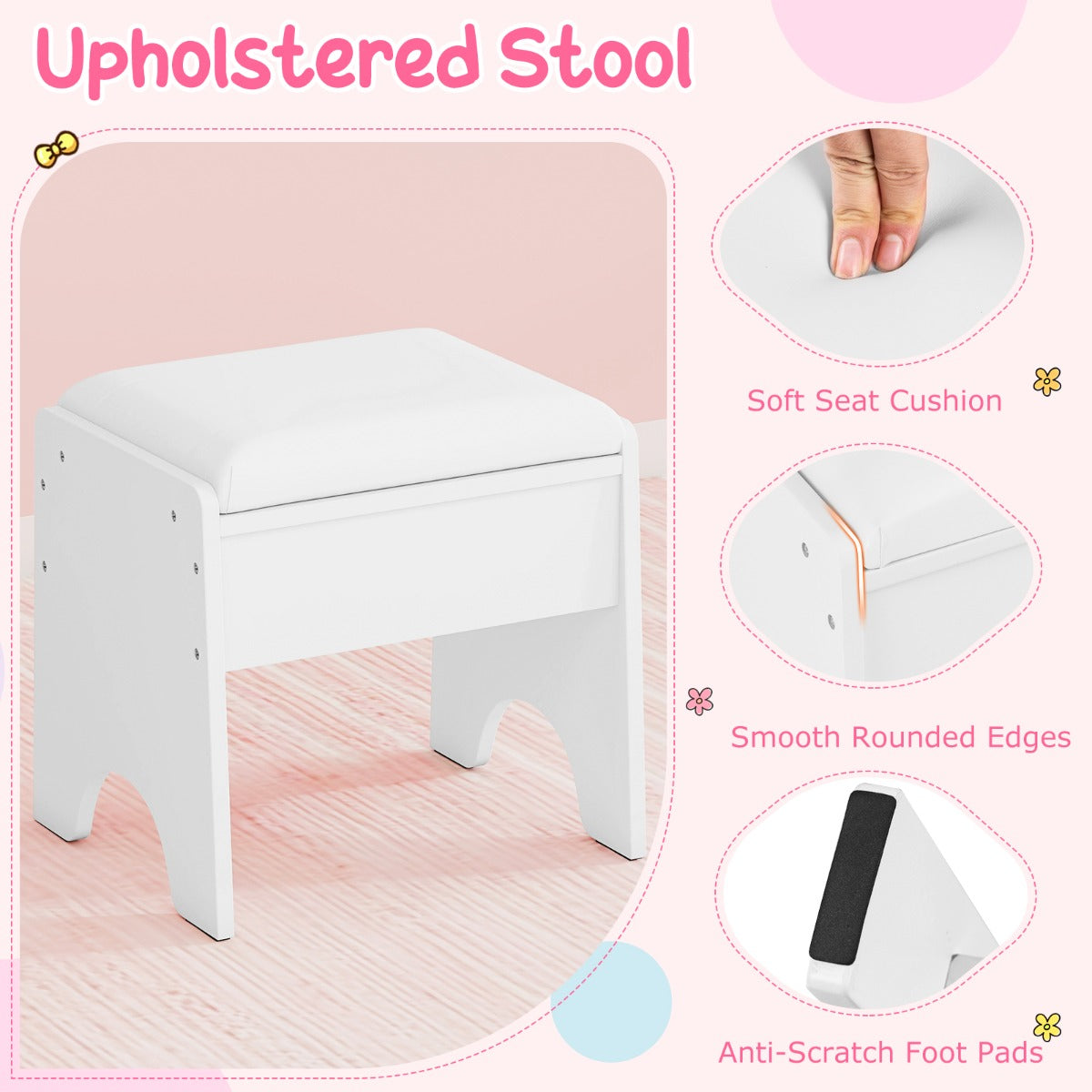 Livsk costway kinderschminktafel met spiegel verlichting prinsessenspeeltafel met plank ringgleuven gestoffeerde kruk kinderschminktafelset wit