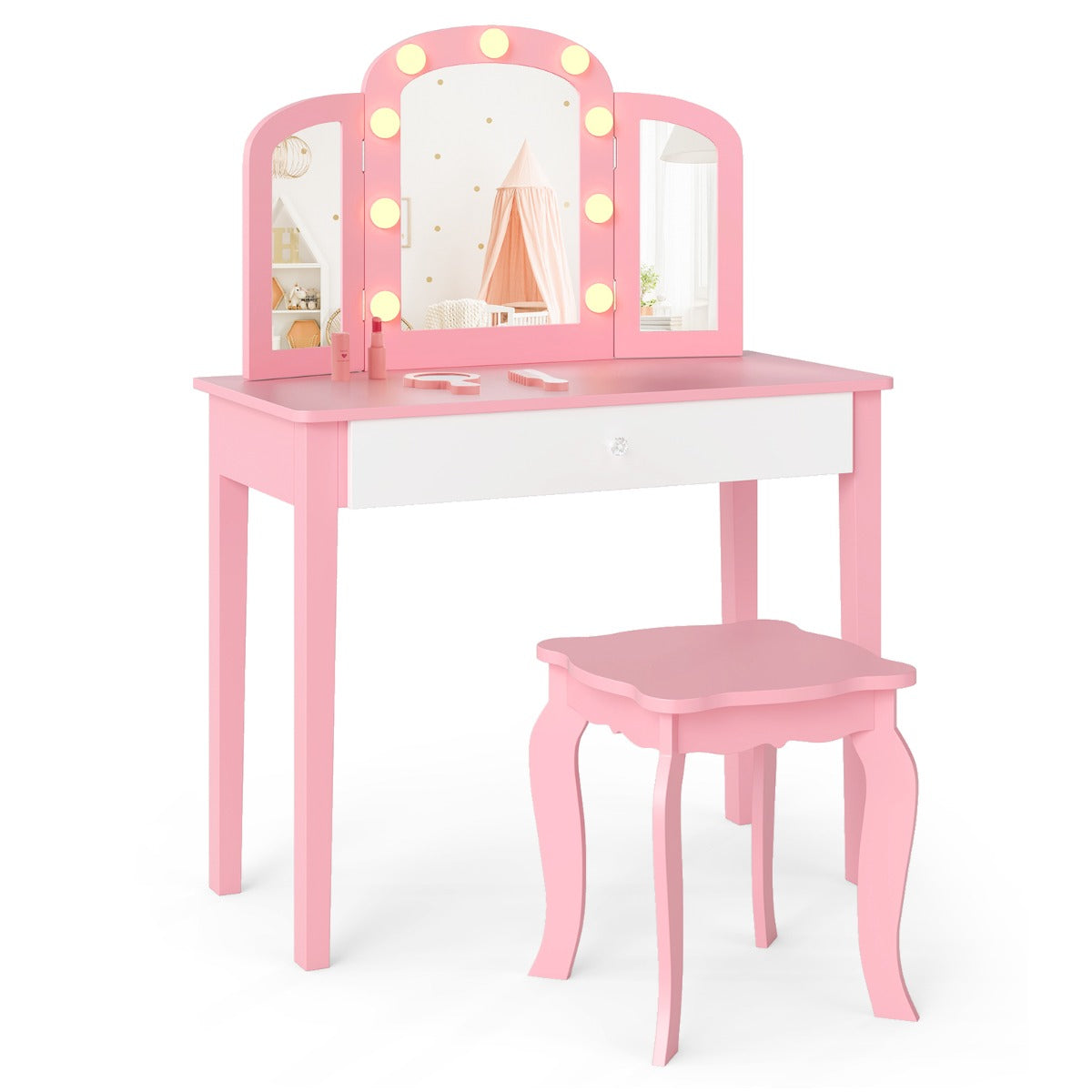 Livsk costway kinderschminktafel set 2 in 1 prinsessen make up schminktafel met afneembare spiegel roze
