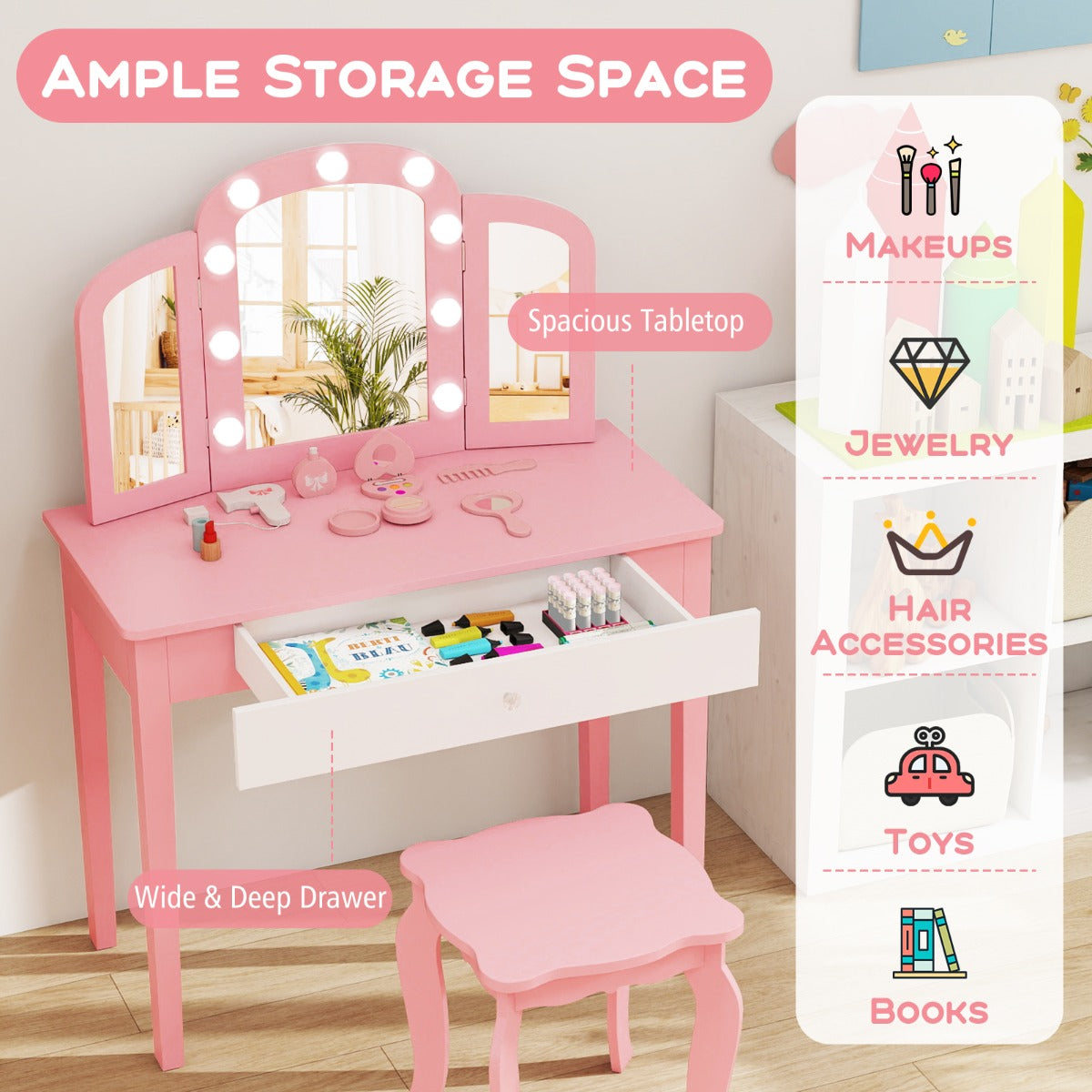 Livsk costway kinderschminktafel set 2 in 1 prinsessen make up schminktafel met afneembare spiegel roze 2