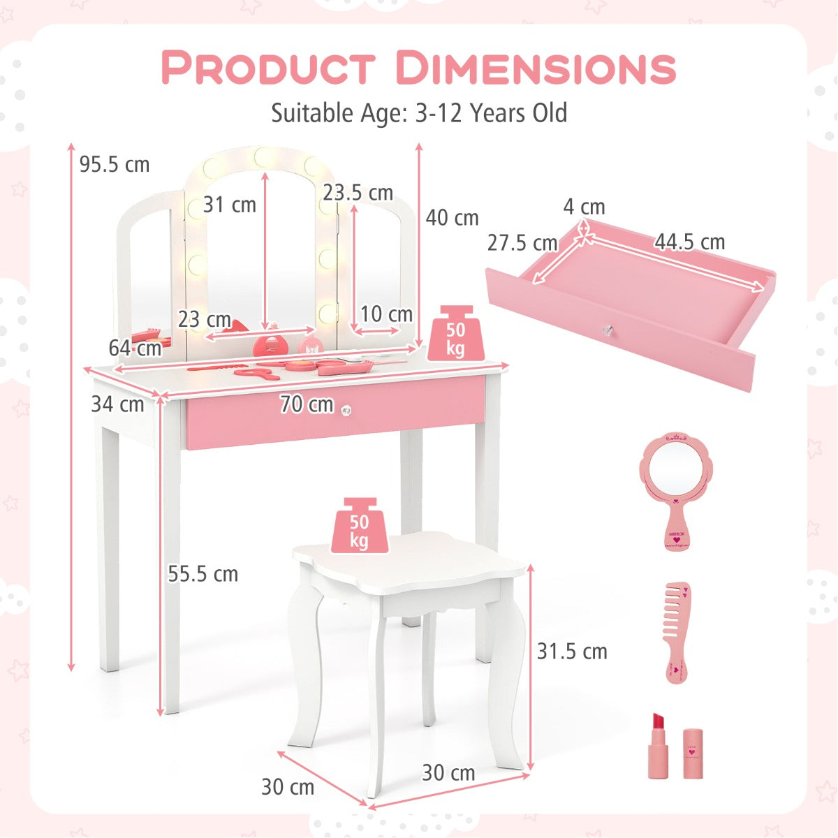 Livsk costway kinderschminktafel set 2 in 1 prinsessen make up schminktafel met afneembare spiegel wit 1 1