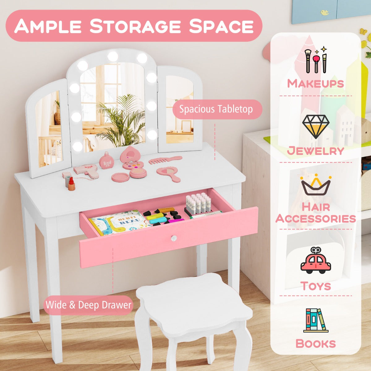 Livsk costway kinderschminktafel set 2 in 1 prinsessen make up schminktafel met afneembare spiegel wit 2