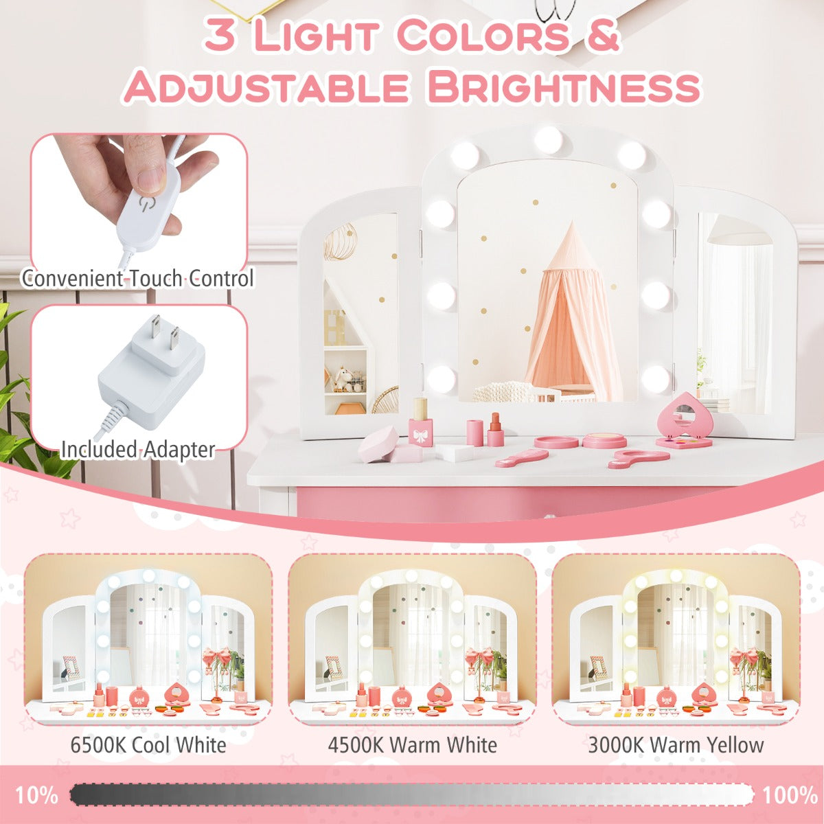 Livsk costway kinderschminktafel set 2 in 1 prinsessen make up schminktafel met afneembare spiegel wit 6