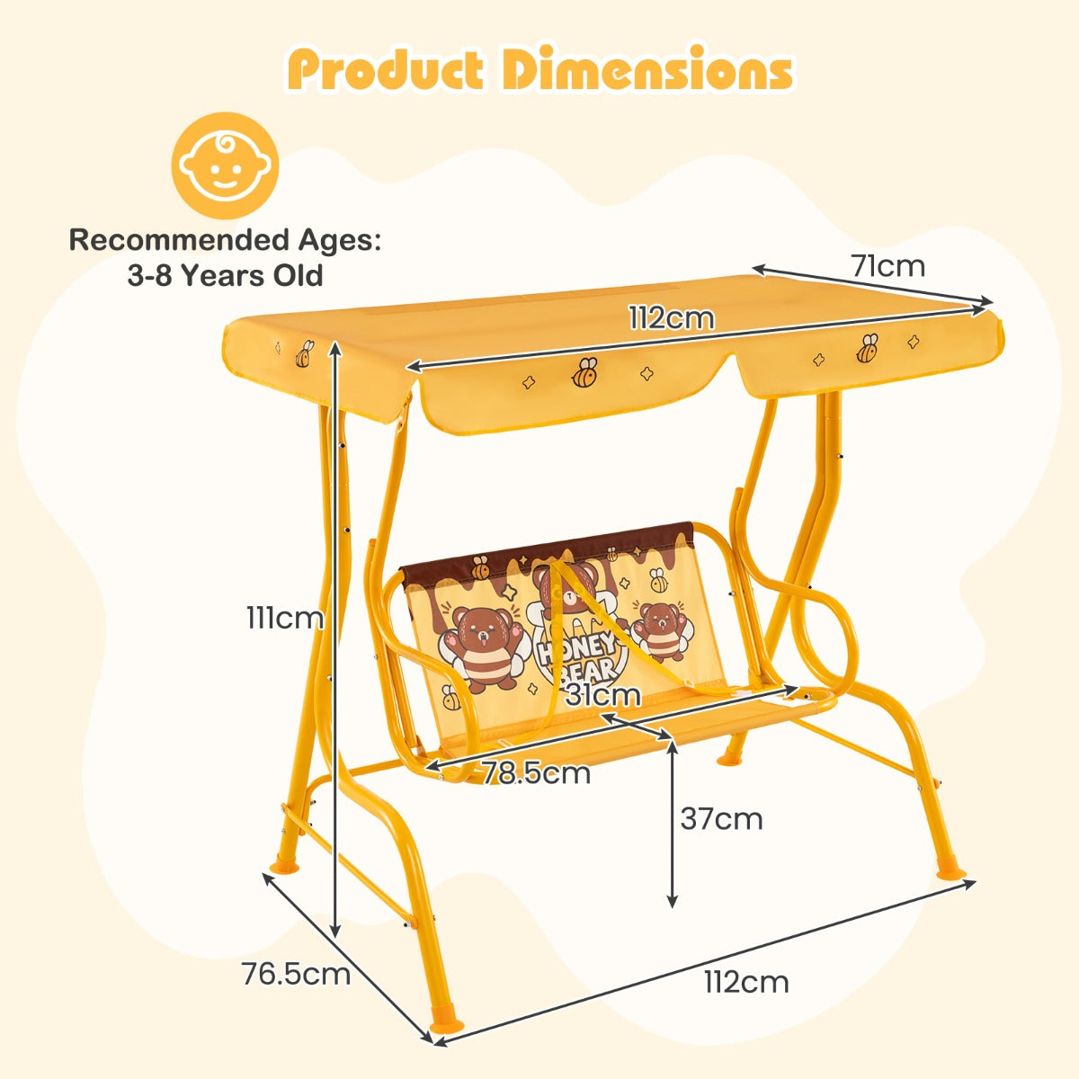 LIVSK Kinderschommel - Verstelbaar Zonnedak - Veiligheidsgordels - Robuust Metaal - Tot 80 kg - 112 x 76,5 x 111 cm - Oranje