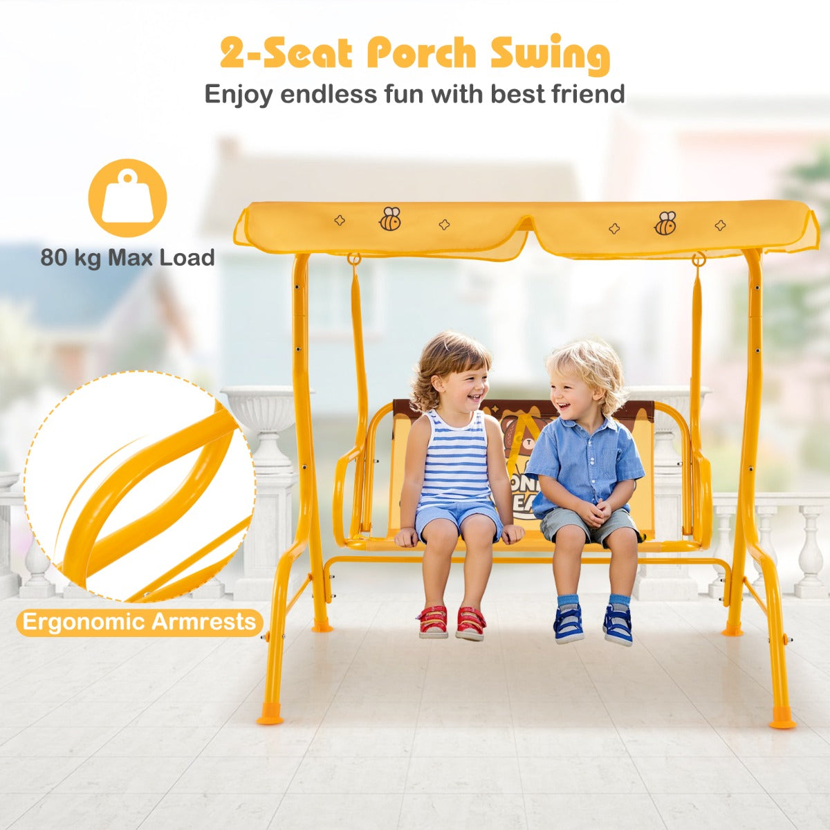 LIVSK Kinderschommel - Verstelbaar Zonnedak - Veiligheidsgordels - Robuust Metaal - Tot 80 kg - 112 x 76,5 x 111 cm - Oranje
