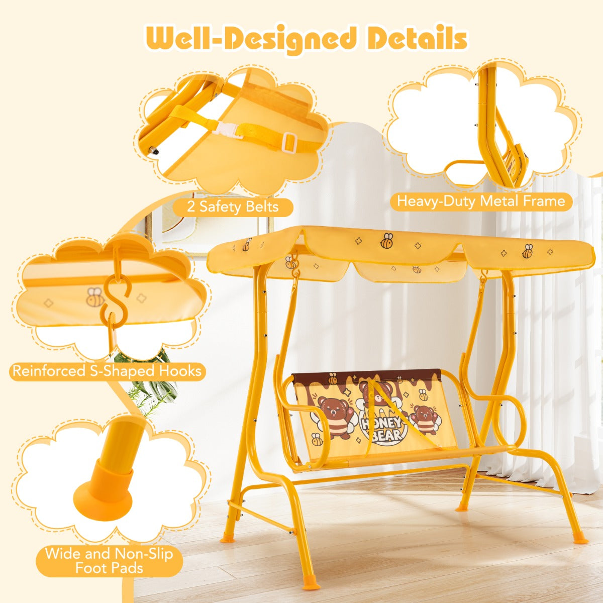 LIVSK Kinderschommel - Verstelbaar Zonnedak - Veiligheidsgordels - Robuust Metaal - Tot 80 kg - 112 x 76,5 x 111 cm - Oranje