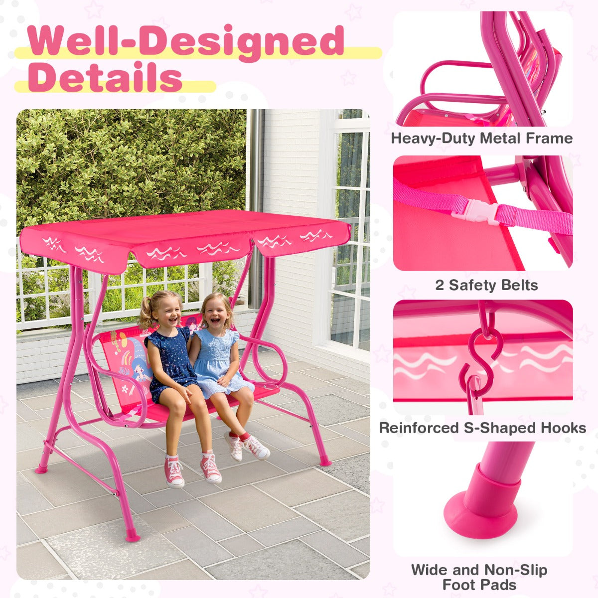 LIVSK Kinderschommel - Zitoppervlak 78,5 cm - Verstelbaar Zonnescherm - Veiligheidsgordels - Metalen Frame - Roze