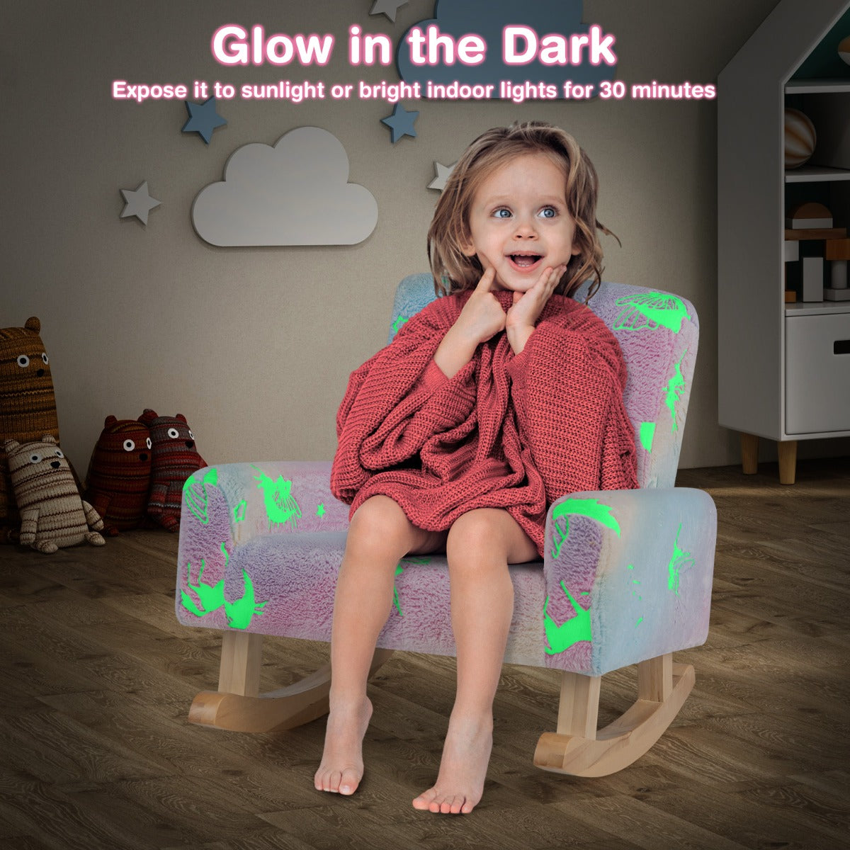 LIVSK Kinderschommelstoel - Ergonomisch Ontwerp - Glow-in-the-Dark - Flanellen Bekleding - Voor Kinderen 3-5 Jaar - Als foto's