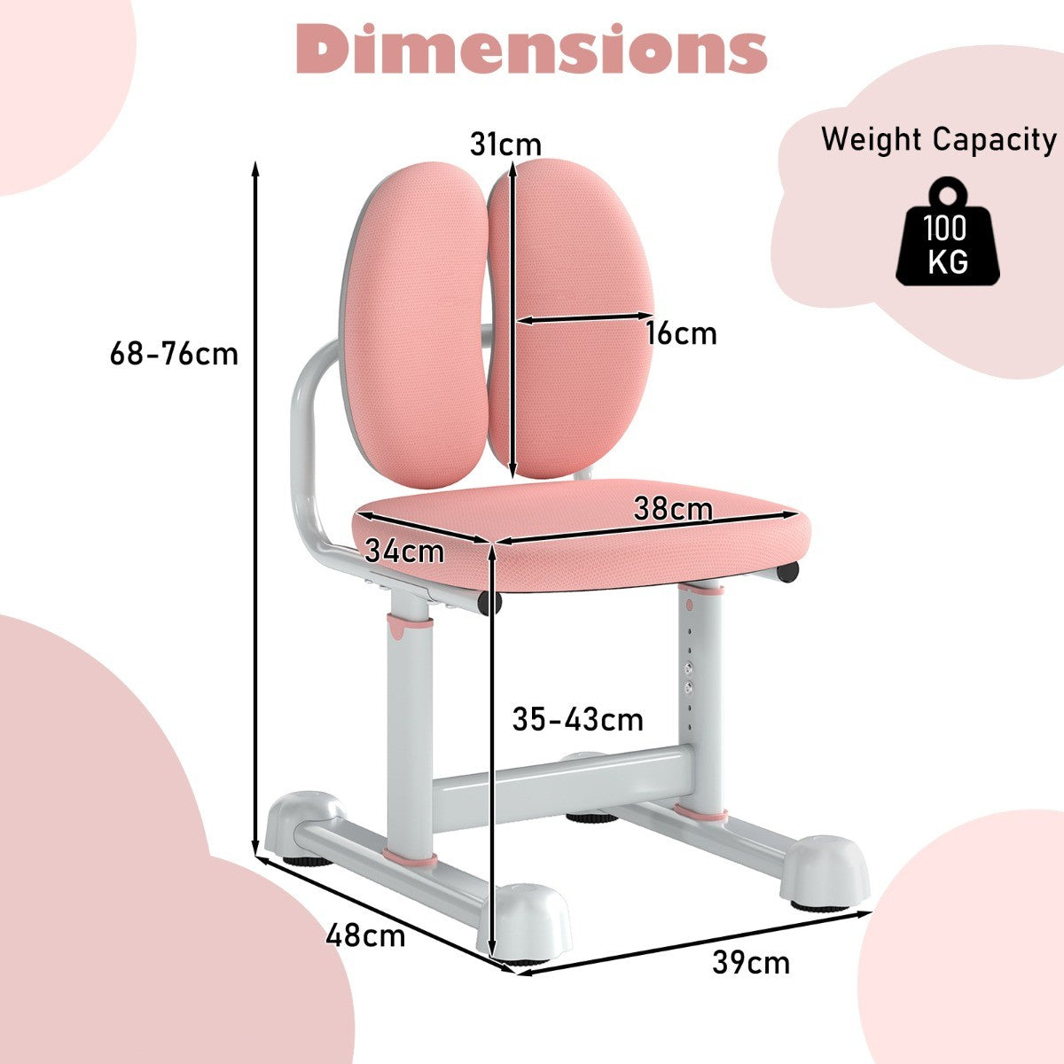 LIVSK Kinderschrijftafelstoel - Verstelbare Zithoogte - Ergonomische Rugleuning - Stabiel Metalen Frame - Gevoerde Zitting - Roze