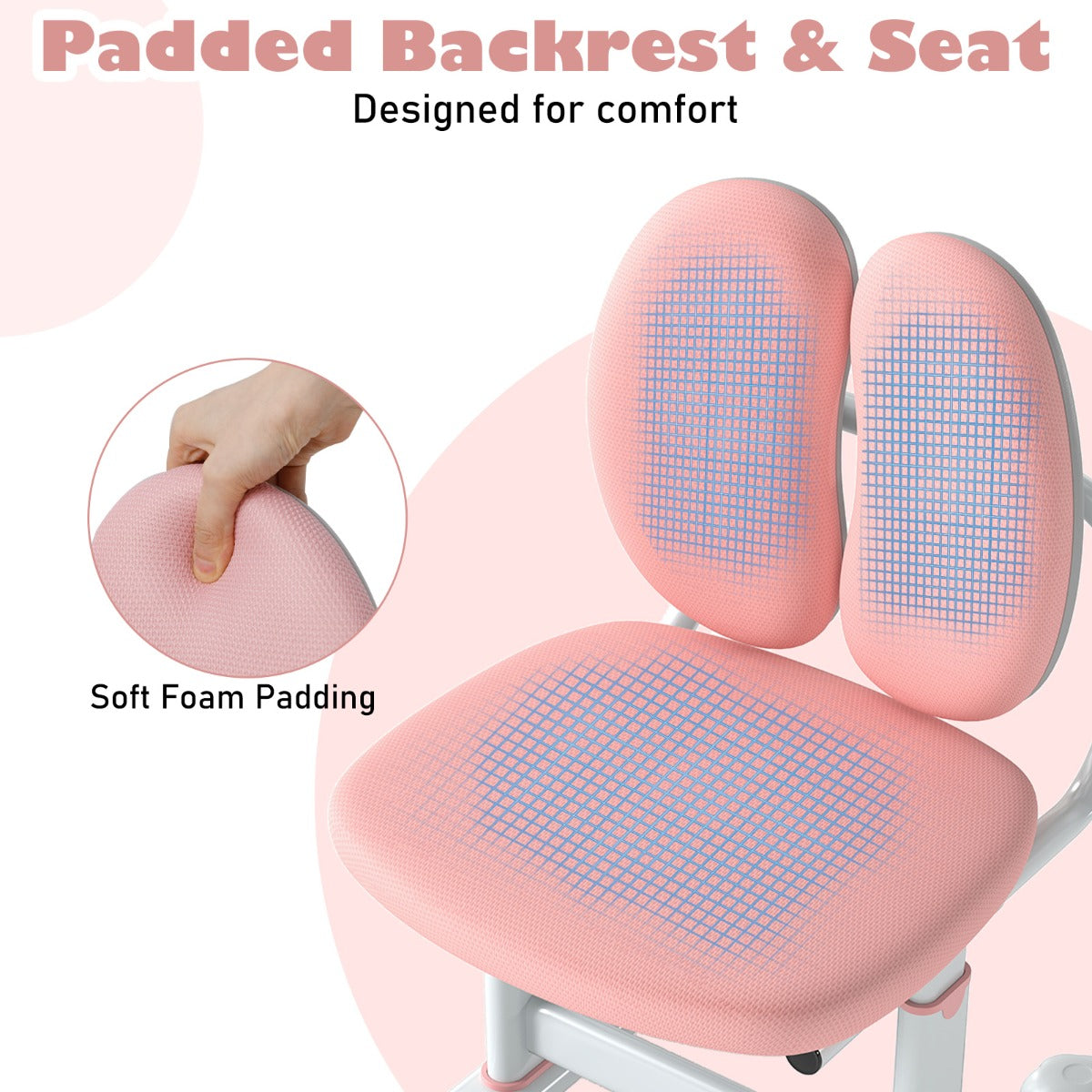 LIVSK Kinderschrijftafelstoel - Verstelbare Zithoogte - Ergonomische Rugleuning - Stabiel Metalen Frame - Gevoerde Zitting - Roze