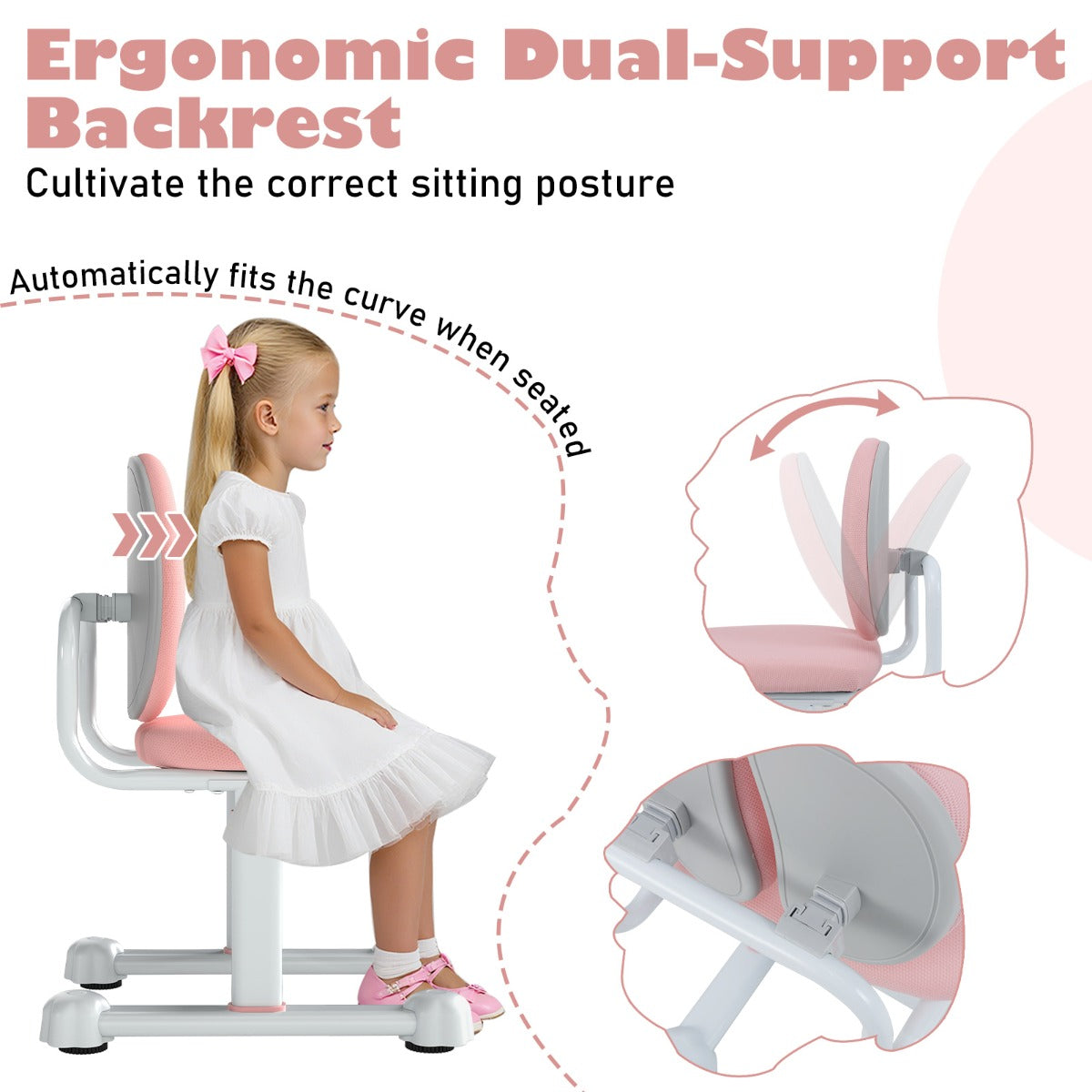 LIVSK Kinderschrijftafelstoel - Verstelbare Zithoogte - Ergonomische Rugleuning - Stabiel Metalen Frame - Gevoerde Zitting - Roze