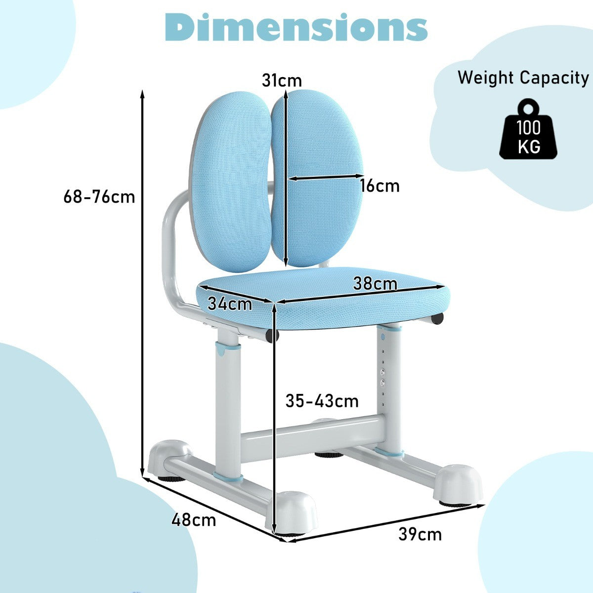LIVSK Kinderschrijftafelstoel met Verstelbare Hoogte - Ergonomische Dubbele Rugsteun - Robuust Metalen Frame - Comfortabele
