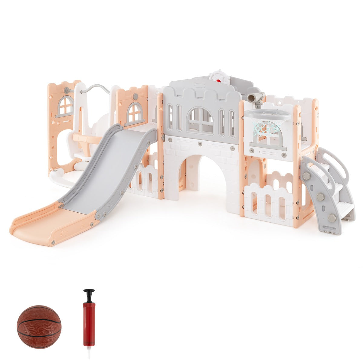 LIVSK 10-in-1 Peuter Glijbaan en Schommelset - Schommel, Glijbaan, Telescoop, Basketbalring - Veilig en Duurzaam - Grijs en Roze