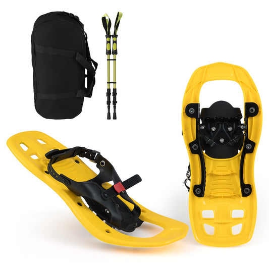 Livsk costway kindersneeuwschoenen met telescopische wandelstokken draagtas lichte all terrain sneeuwschoenen voor jongens meisjes geel