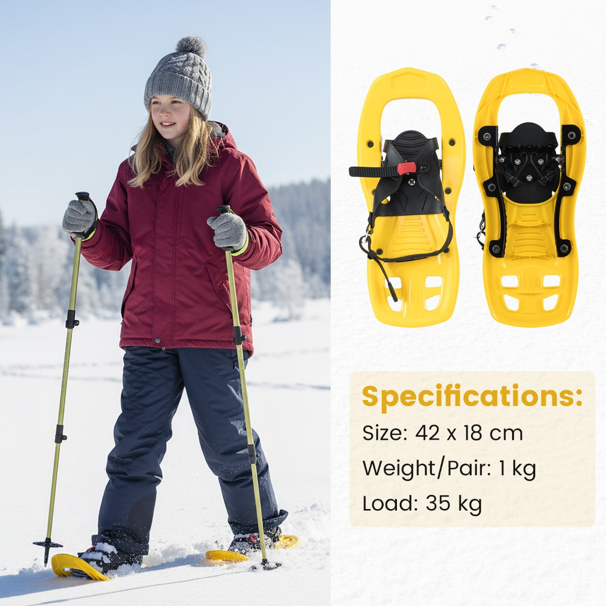 Livsk costway kindersneeuwschoenen met telescopische wandelstokken draagtas lichte all terrain sneeuwschoenen voor jongens meisjes geel 3