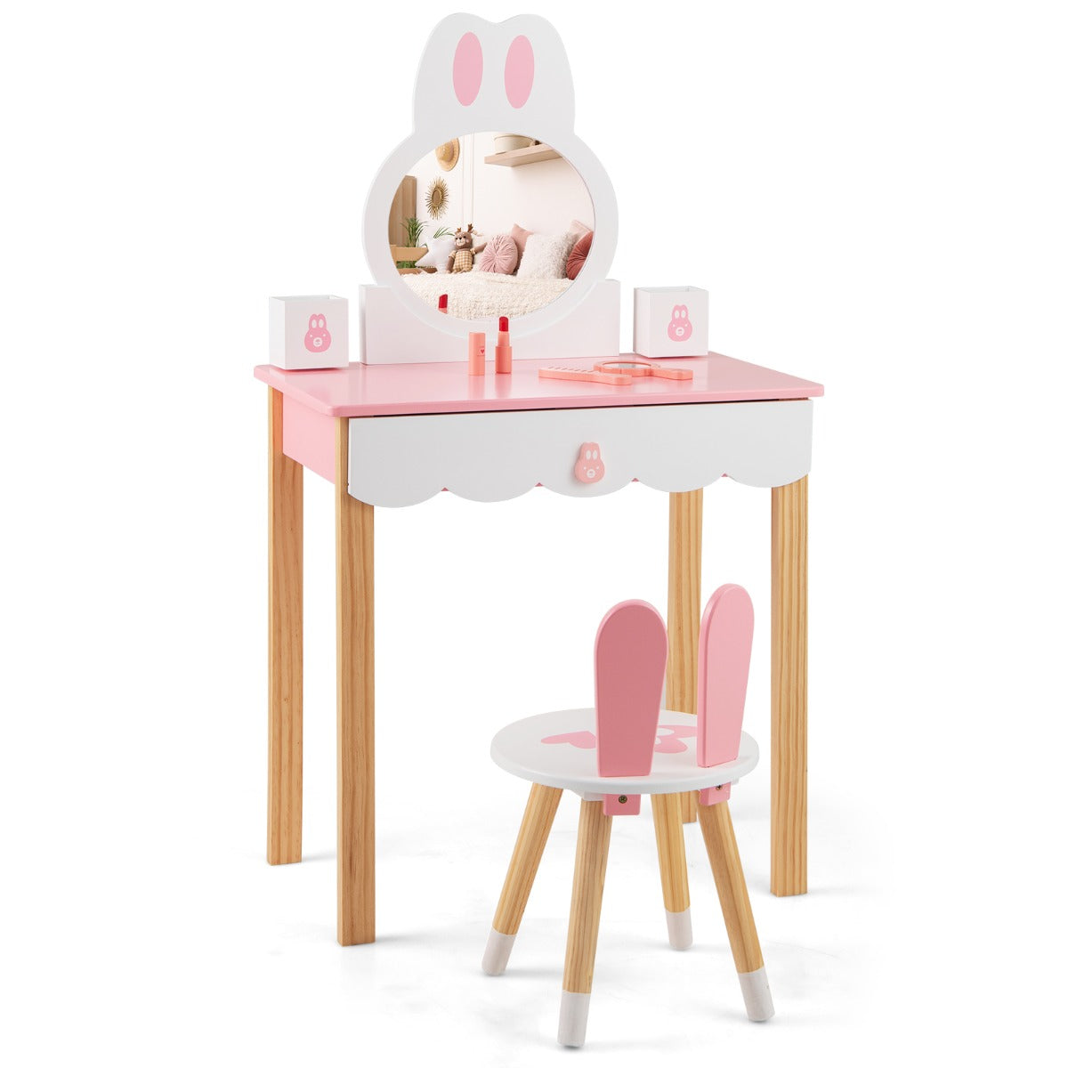 LIVSK Kinder Kaptafel Set - Schattig Konijn Design - Veilig Hout - Multifunctioneel met Opberglade - 60 x 34 x 103 cm - Roze