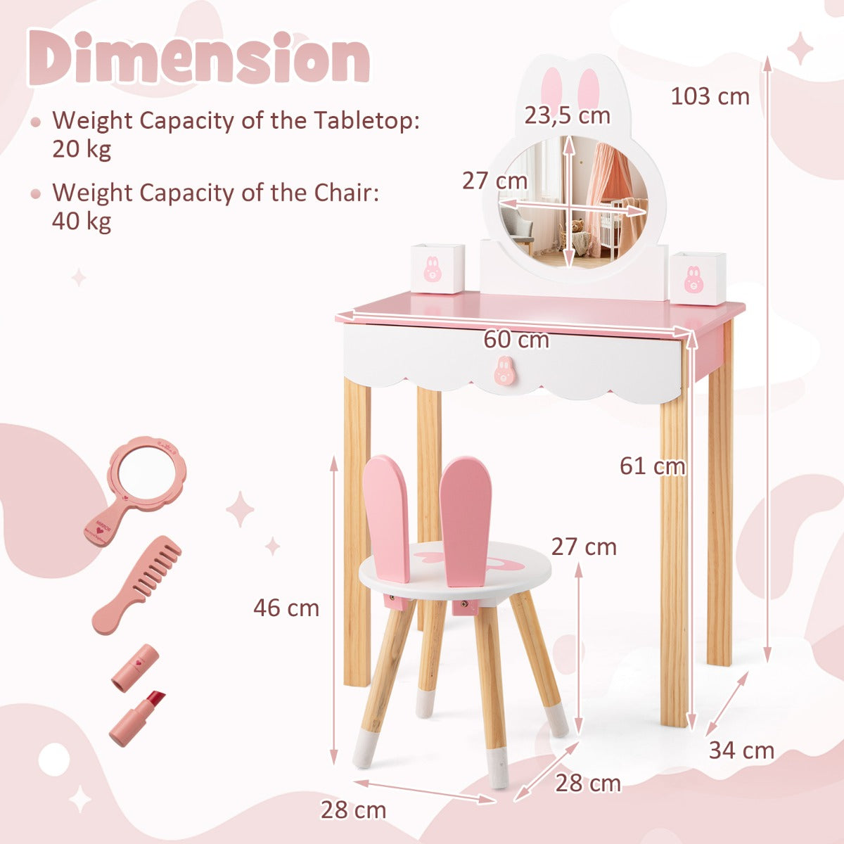 LIVSK Kinder Kaptafel Set - Schattig Konijn Design - Veilig Hout - Multifunctioneel met Opberglade - 60 x 34 x 103 cm - Roze