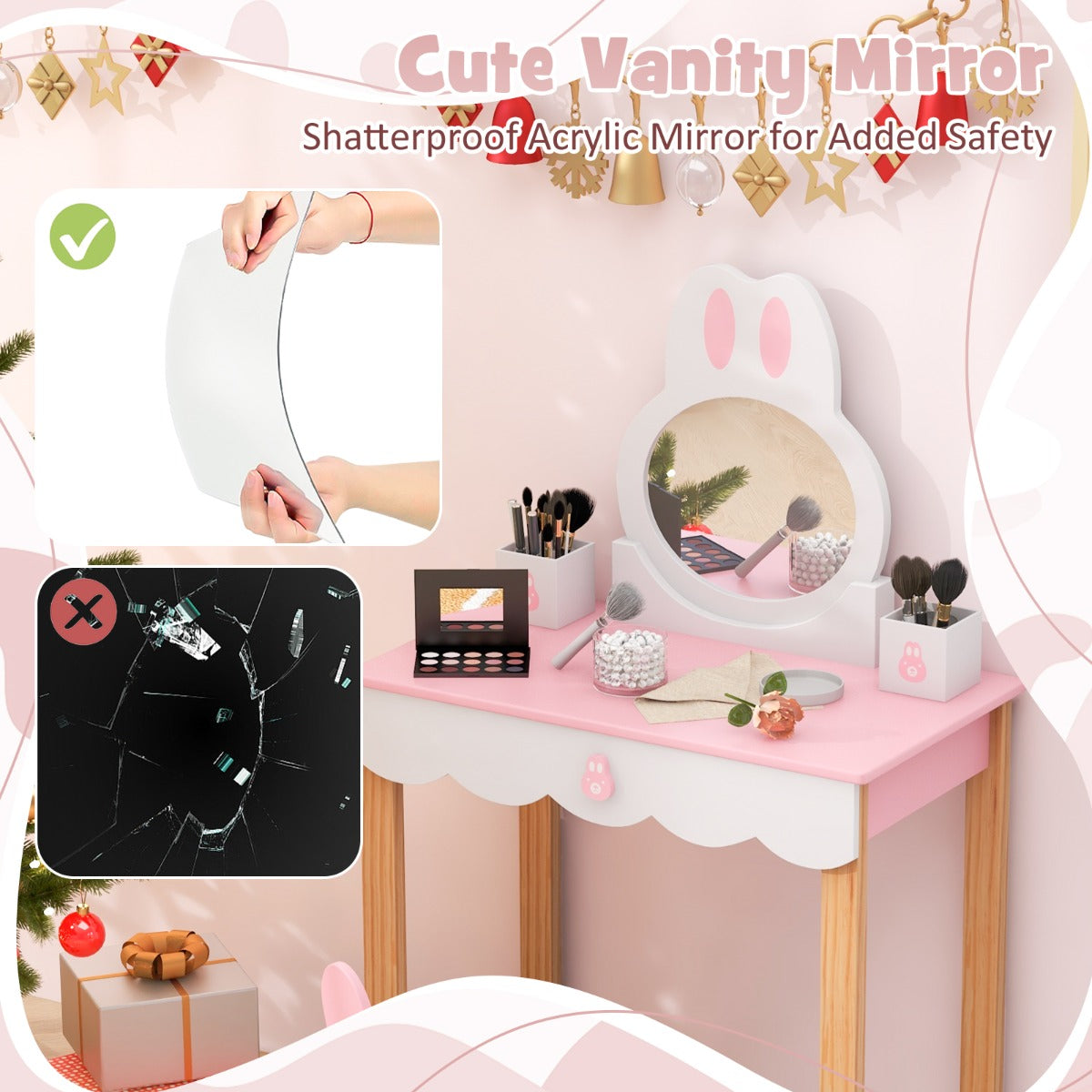 LIVSK Kinder Kaptafel Set - Schattig Konijn Design - Veilig Hout - Multifunctioneel met Opberglade - 60 x 34 x 103 cm - Roze