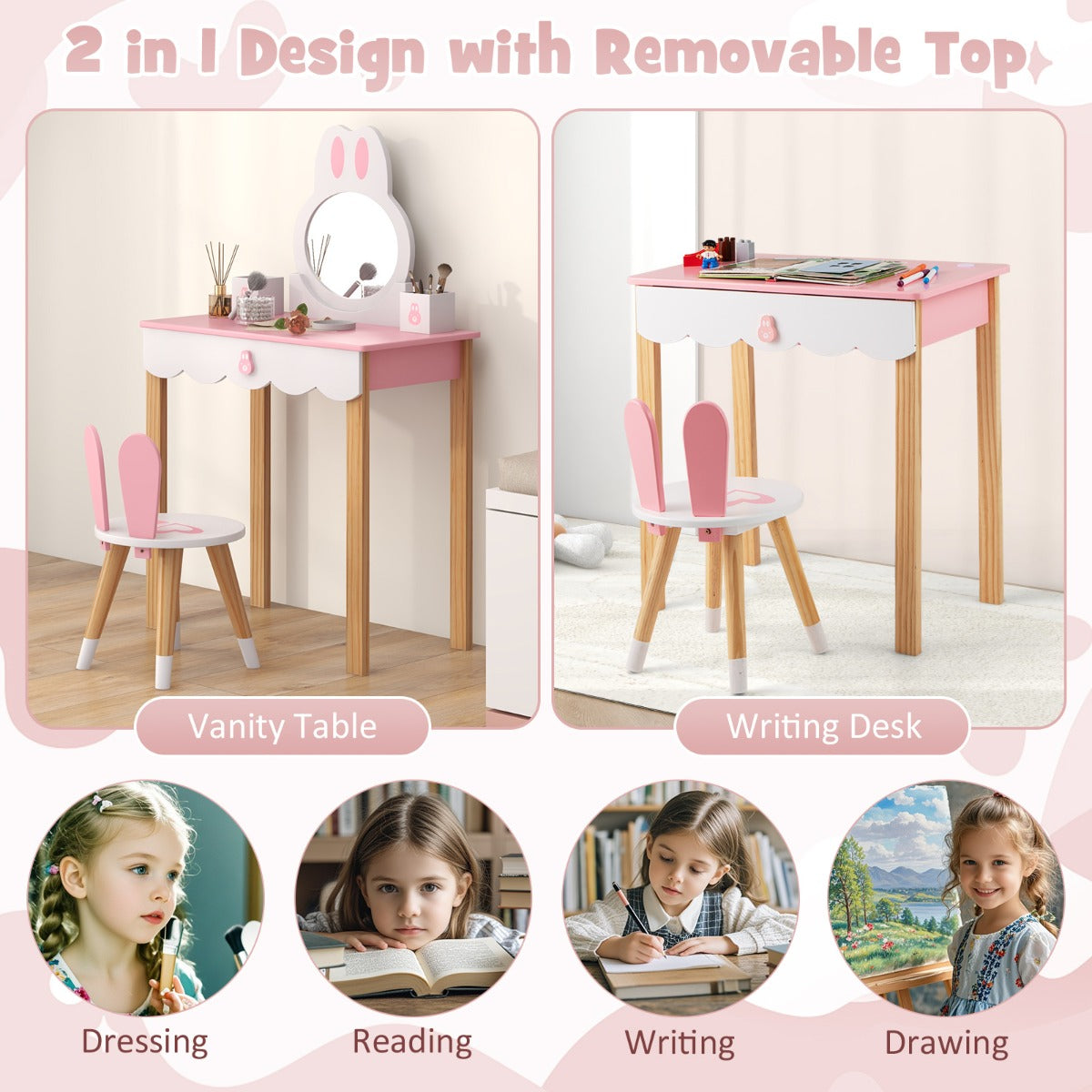 LIVSK Kinder Kaptafel Set - Schattig Konijn Design - Veilig Hout - Multifunctioneel met Opberglade - 60 x 34 x 103 cm - Roze