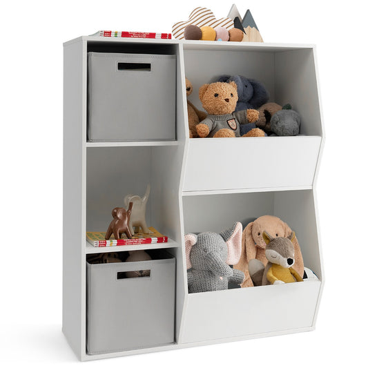 LIVSK Kinderboekenkast - 5 Vakken met Uitneembare Stoffen Bakken - Stevige MDF Constructie - Eenvoudig te Monteren - Wit