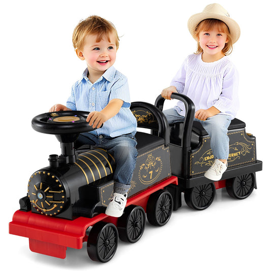 Livsk costway kinderspeelgoedtrein 6v elektrisch kindervoertuig met afneembare wagons en opvouwbare voetsteunen