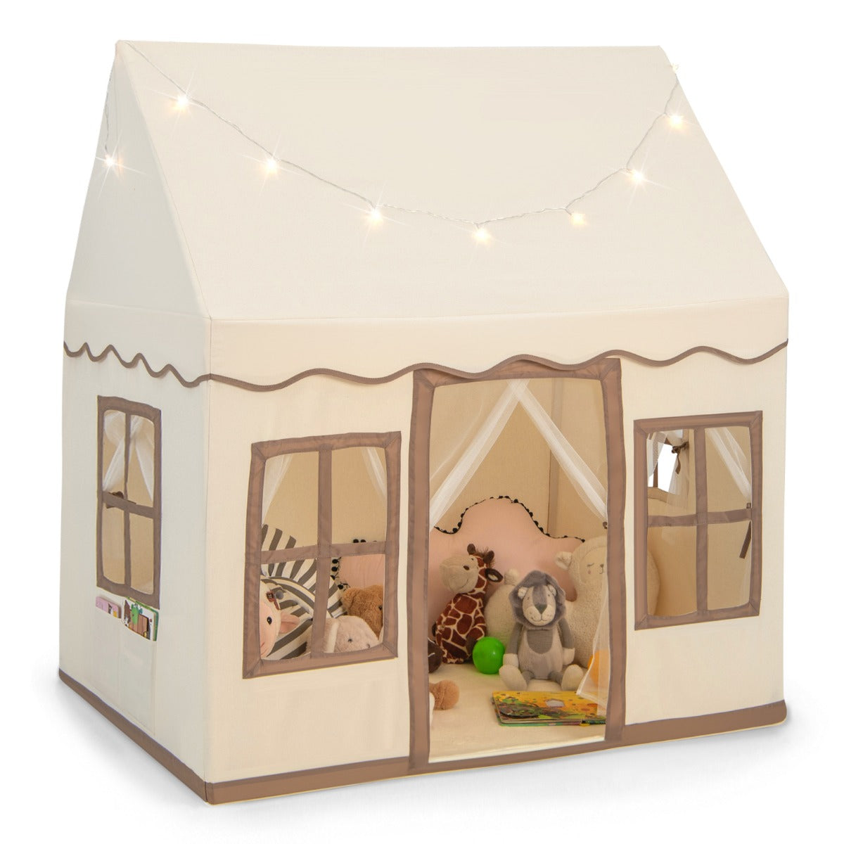 LIVSK Speeltent voor Kinderen - Ruimte voor 3-4 Kinderen - Ademend met Sterrenlicht - Antislipmat - Lichtbruin