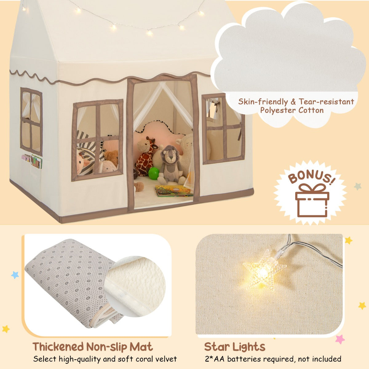 LIVSK Speeltent voor Kinderen - Ruimte voor 3-4 Kinderen - Ademend met Sterrenlicht - Antislipmat - Lichtbruin