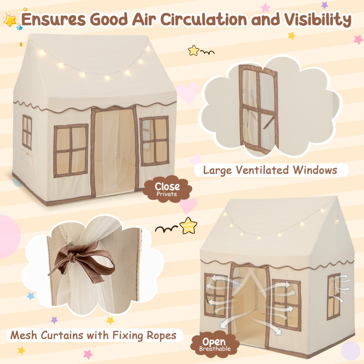 LIVSK Speeltent voor Kinderen - Ruimte voor 3-4 Kinderen - Ademend met Sterrenlicht - Antislipmat - Lichtbruin