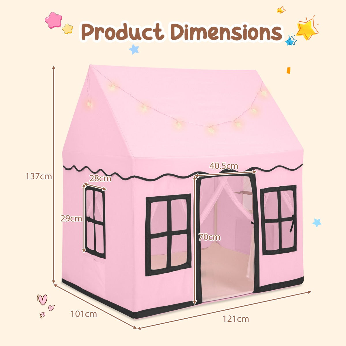 LIVSK Speeltent voor Kinderen - Ruim voor 3-4 Kinderen - Ademend met Netgordijnen - Sterrenlichtsnoer - 121 x 101 x 137 cm - Roze