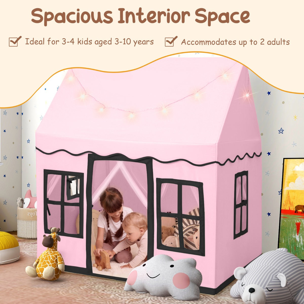 LIVSK Speeltent voor Kinderen - Ruim voor 3-4 Kinderen - Ademend met Netgordijnen - Sterrenlichtsnoer - 121 x 101 x 137 cm - Roze