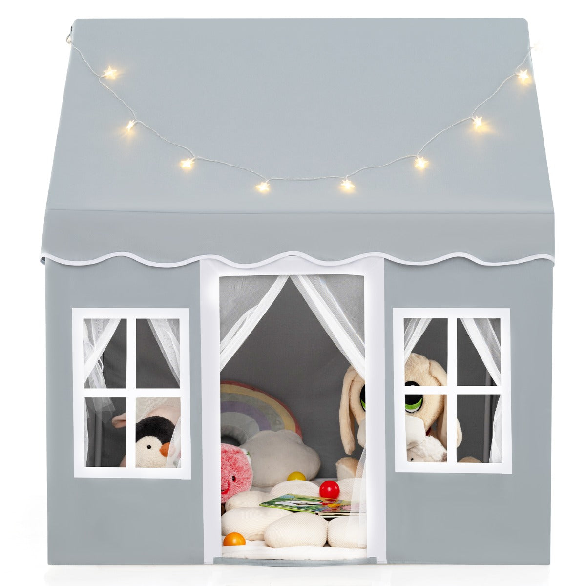 LIVSK Kindertent met Sterrenlichten - Ruim voor 3 - 4 Kinderen - Ademend met Netgordijnen - Stabiliteit met Antislipmat - Grijs