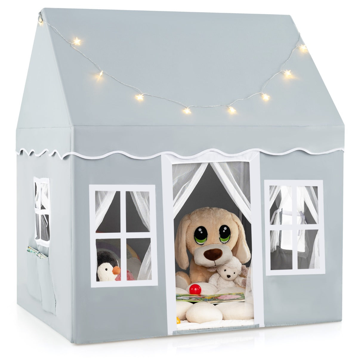 LIVSK Kindertent met Sterrenlichten - Ruim voor 3 - 4 Kinderen - Ademend met Netgordijnen - Stabiliteit met Antislipmat - Grijs