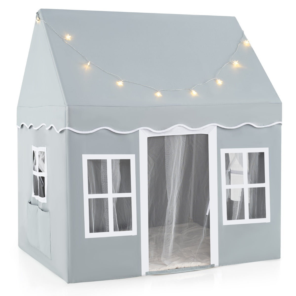 LIVSK Kindertent met Sterrenlichten - Ruim voor 3 - 4 Kinderen - Ademend met Netgordijnen - Stabiliteit met Antislipmat - Grijs