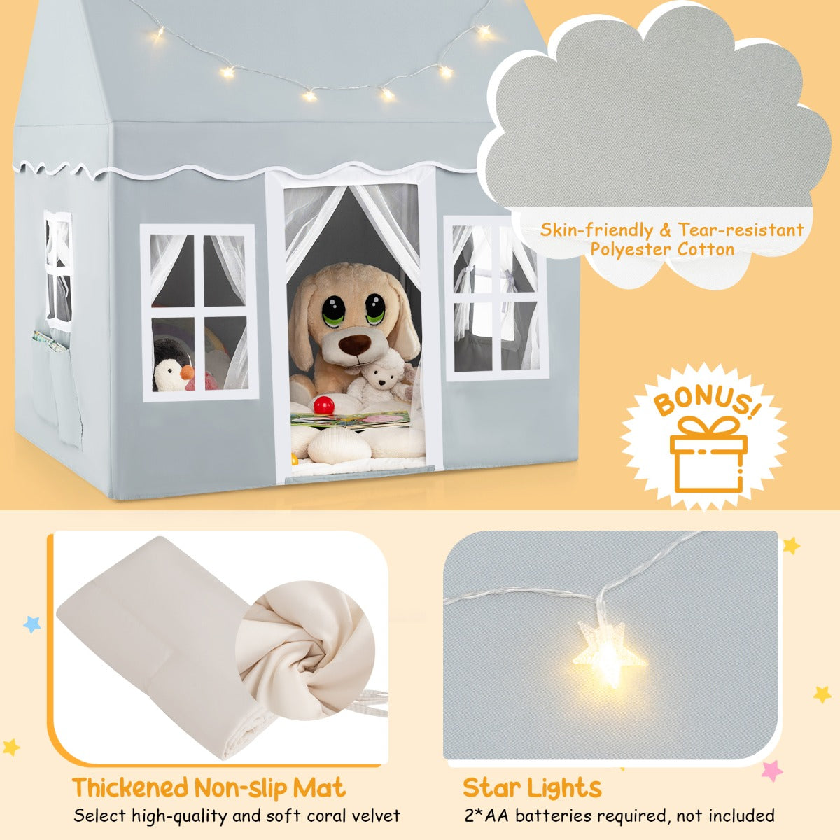 LIVSK Kindertent met Sterrenlichten - Ruim voor 3 - 4 Kinderen - Ademend met Netgordijnen - Stabiliteit met Antislipmat - Grijs