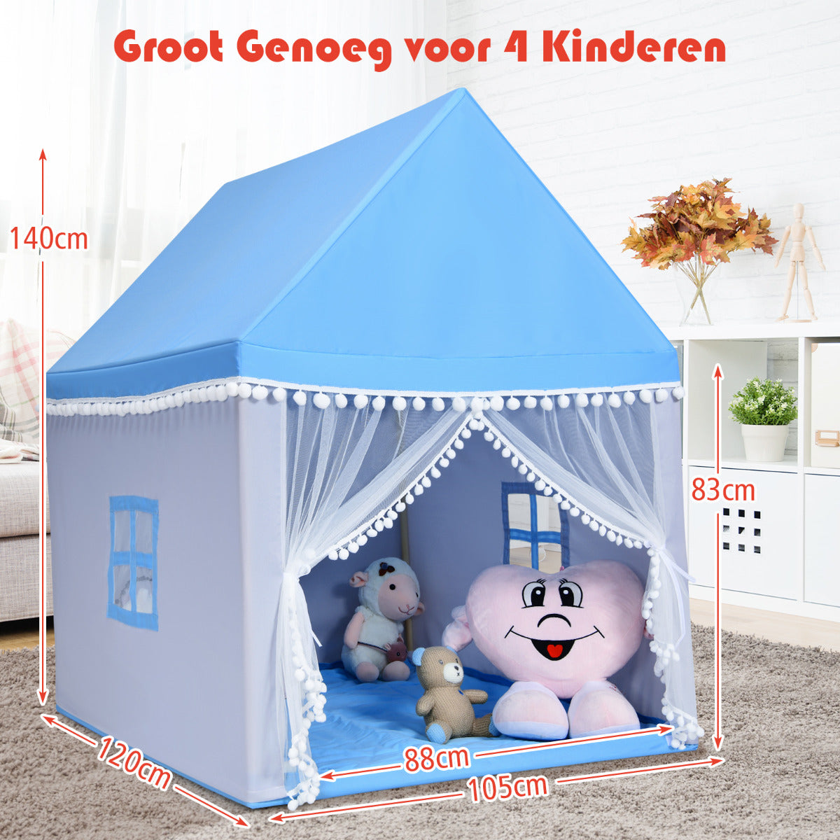 LIVSK Kinderspeelhuis - Massief Houten Frame - Dikke Katoenen Deken - Ademend Ontwerp - Veilig en Gezellig - 120 x 105 x 140 cm -