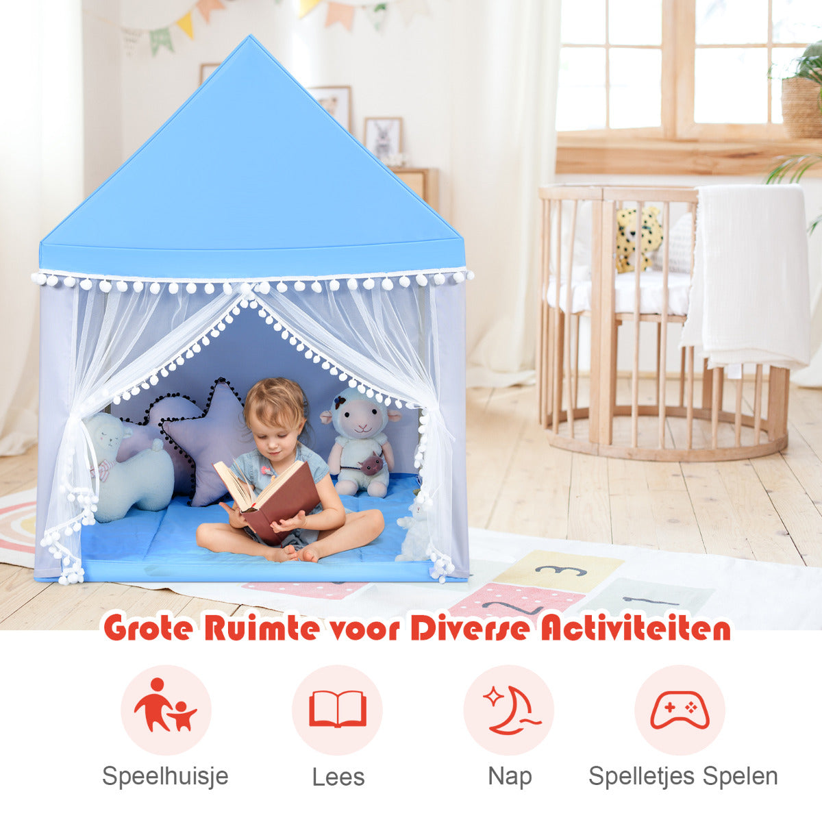 LIVSK Kinderspeelhuis - Massief Houten Frame - Dikke Katoenen Deken - Ademend Ontwerp - Veilig en Gezellig - 120 x 105 x 140 cm -