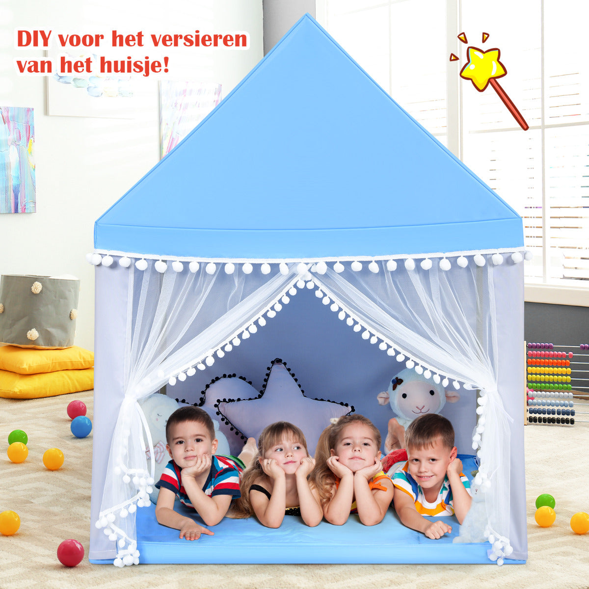 LIVSK Kinderspeelhuis - Massief Houten Frame - Dikke Katoenen Deken - Ademend Ontwerp - Veilig en Gezellig - 120 x 105 x 140 cm -