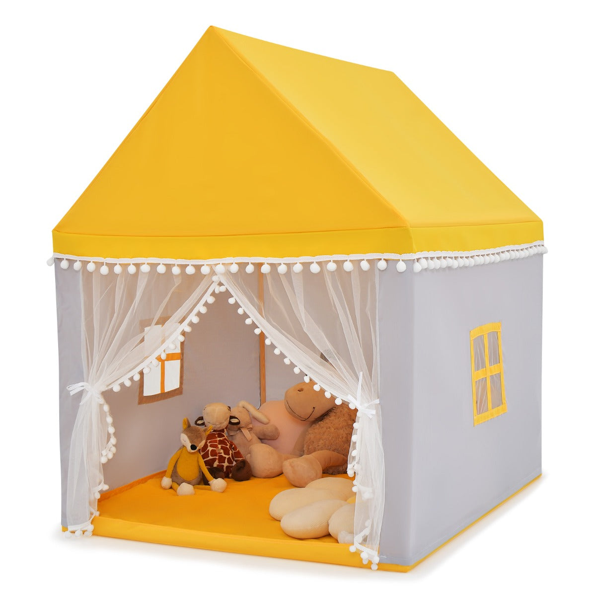 LIVSK Kinderspeelhuisje - Stabiel Massief Houten Frame - Dikke Katoenen Deken - Ademend - Voor Binnen - 120 x 105 x 140 cm - Geel