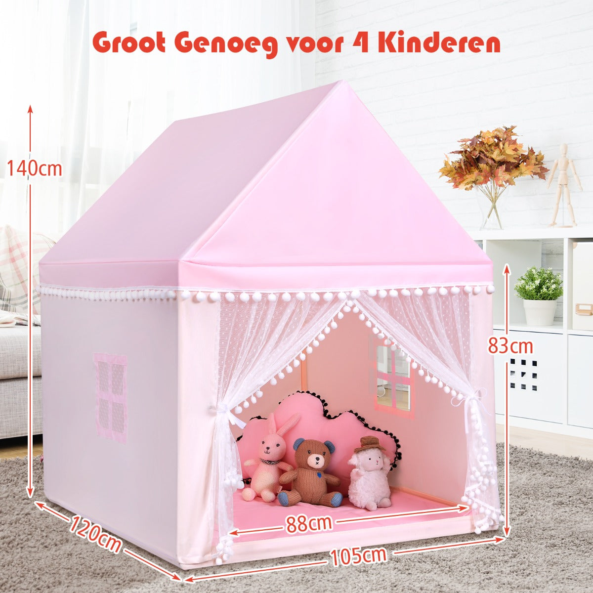 Livsk costway kinderspeelhuis stevig huis grote sprookjesachtige tent speelhuis met massief houten frame en katoenen deken binnenshuis roze 1 1