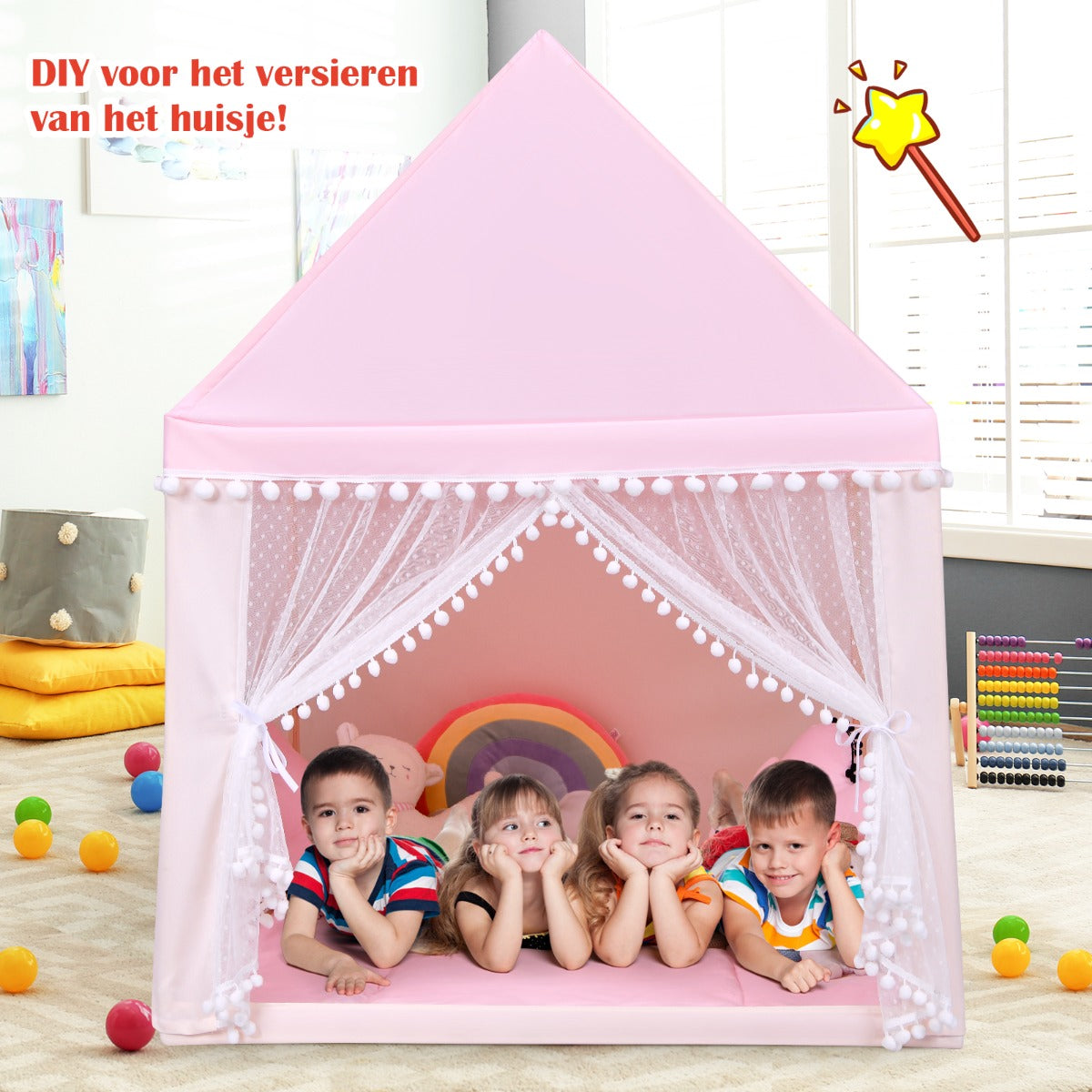 Livsk costway kinderspeelhuis stevig huis grote sprookjesachtige tent speelhuis met massief houten frame en katoenen deken binnenshuis roze 2
