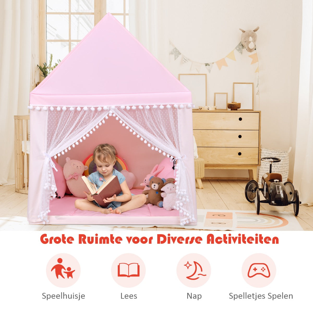 Livsk costway kinderspeelhuis stevig huis grote sprookjesachtige tent speelhuis met massief houten frame en katoenen deken binnenshuis roze 3