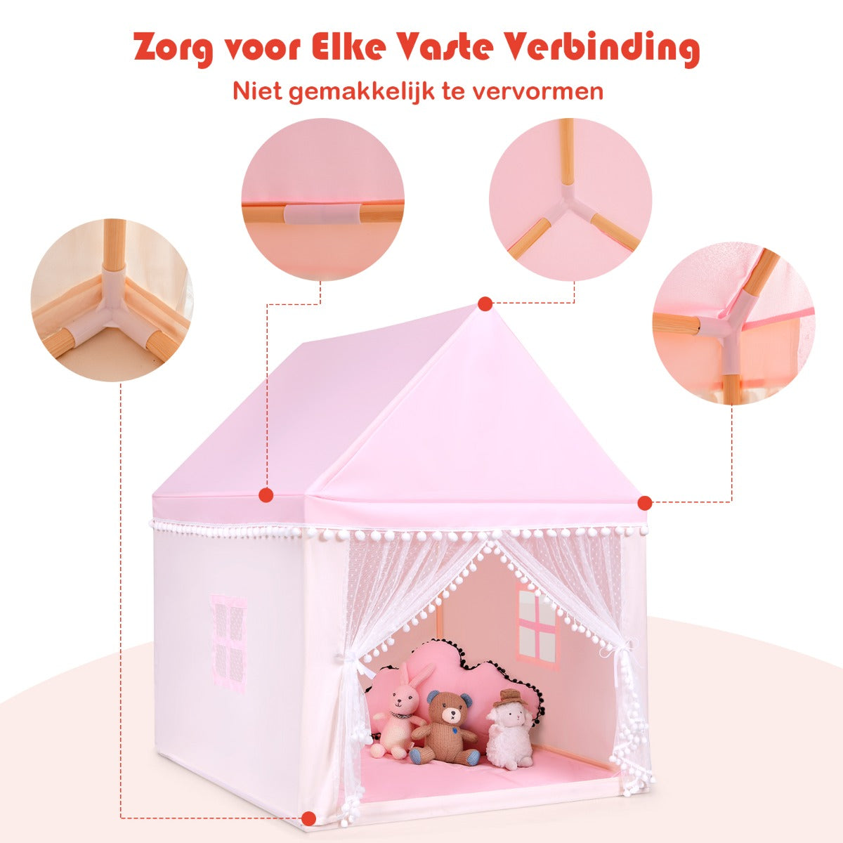 Livsk costway kinderspeelhuis stevig huis grote sprookjesachtige tent speelhuis met massief houten frame en katoenen deken binnenshuis roze 4