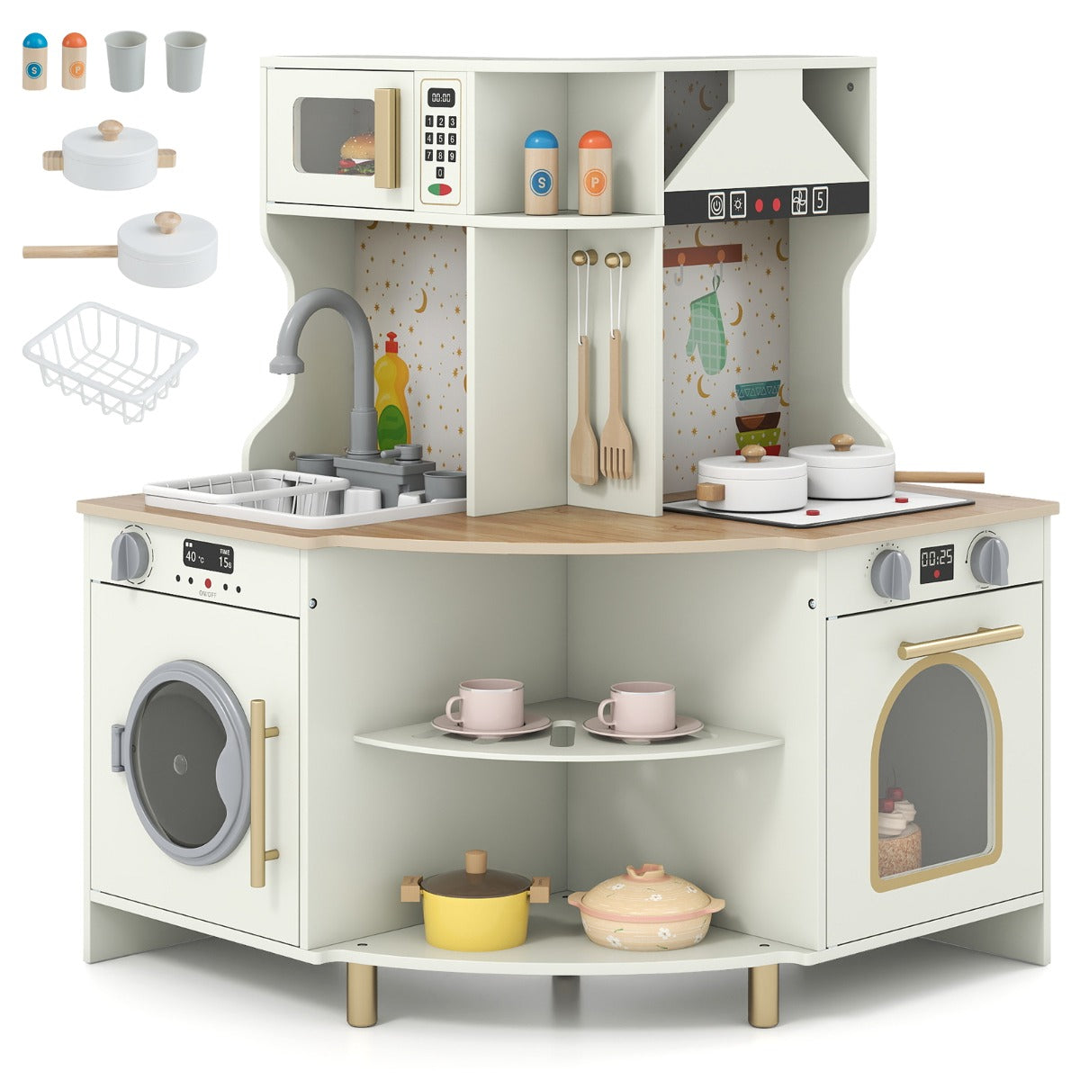 Livsk costway kinderspeelkeuken houten hoekkeuken speelset met werkende kraan en gootsteen